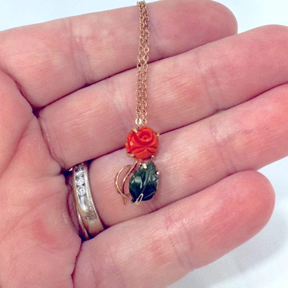 Gold Chain Necklace with Orange Rose and Green Leaf Pendant